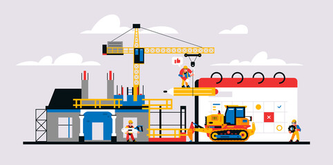 Naklejka premium Construction site and construction planning. Unfinished building readiness calendar, equipment, machines, crane, builders, workers. Vector illustration isolated on background.