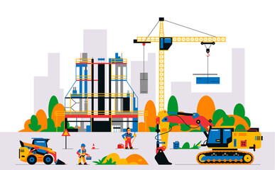 Construction site with equipment and workers. Building under construction against the background of the city. Unfinished building, builders, excavator, electrician, welder, loader.Vector illustration