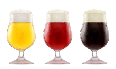 Set of glasses of fresh beer with bubble froth isolated on white background.
