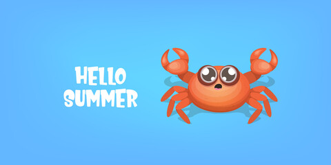 hello summer horizontal banner or flyer design template with cute red crab character isolated on blue sea background. summer beach party design template. Hello summer concept