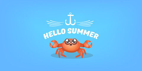 hello summer horizontal banner or flyer design template with cute red crab character isolated on blue sea background. summer beach party design template. Hello summer concept
