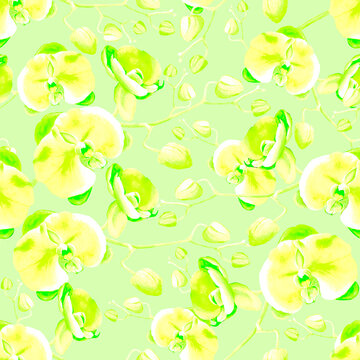 Green and yellow floral seamless pattern with phalaenopsis orchids. Hand painted watercolor flowers in summer and bright composition for textile design