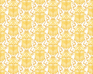 Seamless pattern with detailed illustrations of gold beetle insects on a white background, in vertical repeat. - obrazy, fototapety, plakaty