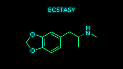 3,4-Methyl​enedioxy​methamphetamine (MDMA), commonly known as ecstasy or molly Molecular Structure Symbol on black background - obrazy, fototapety, plakaty