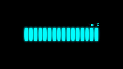 100% Futuristic Loading Transfer Download in neon effect. light blue loading bar on black screen