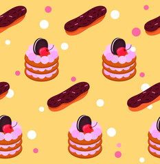 vector image of a pattern of sweets. Eclairs and cakes