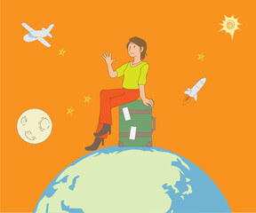 旅行カバンに座り微笑む日本人女性