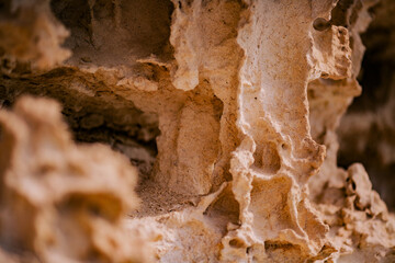 Copper mineralised rock pile, rubble tailings, close with shallow depth of field 