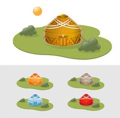 Set of yurts in the spring pasture, vector illustration landscape