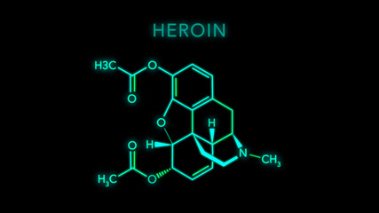 Heroin also known as diacetylmorphine and diamorphine Molecular Structure Symbol on black background