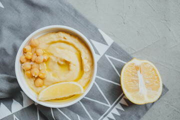 Hummus from chickpeas, with olive oil and lemon