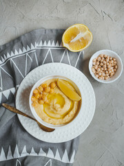 Hummus from chickpeas, with olive oil and lemon