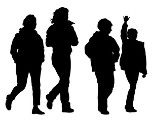 Families with little child walking on street. Isolated silhouettes of people on white background