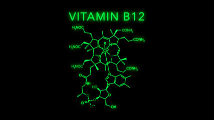 Vitamin B12 also known as cobalamin Molecular Structure Symbol on black background