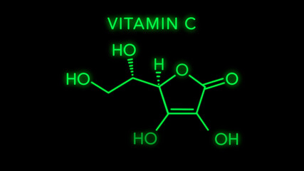 Vitamin C also known as ascorbic acid and ascorbate Molecular Structure Symbol on black background