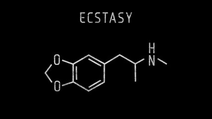 Midomafetamine or 3,4-methylenedioxy-methamphetamine (MDMA), commonly known as ecstasy or molly Molecular Structure Symbol Sketch or Drawing on black background - obrazy, fototapety, plakaty