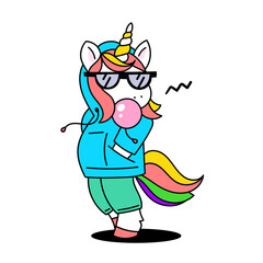 Vector illustration of cool fashion unicorn with bubble gum and sunglasses