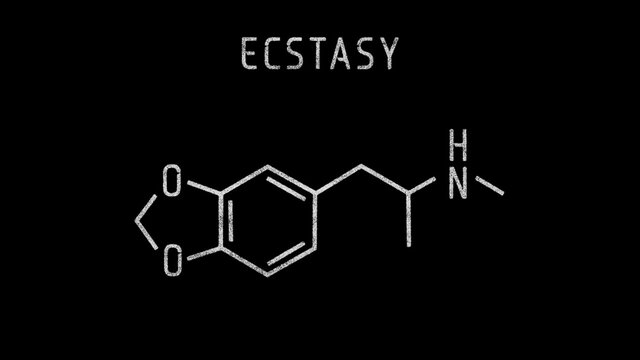 Midomafetamine or 3,4-methylenedioxy-methamphetamine (MDMA), commonly known as ecstasy or molly Molecular Structure Symbol Sketch or Drawing on black background