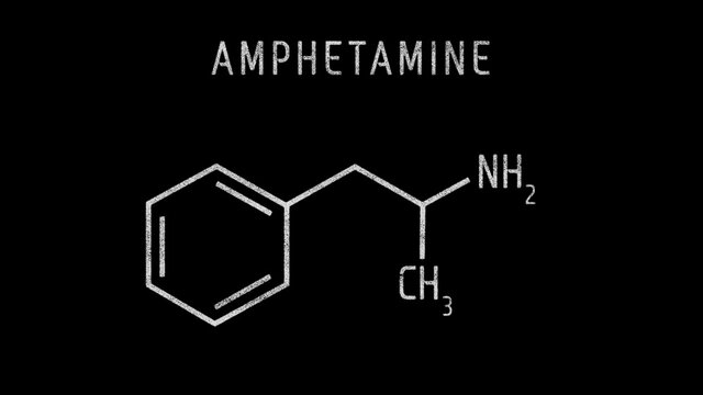 Amphetamine or alpha-methylphenethylamine Molecular Structure Symbol Sketch or Drawing on black background