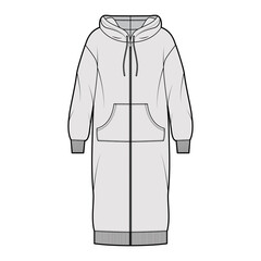 Naklejka premium Dress zip-up hoody technical fashion illustration with long sleeves, kangaroo pouch, rib cuff oversized body, knee length skirt. Flat apparel front, grey color style. Women, men unisex CAD mockup