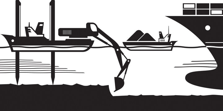 Barge Excavator Make Way Of Cargo Ship – Vector Illustration