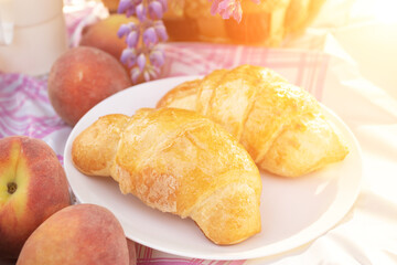 Summer holidays, outdoor recreation. Croissants, peaches, and a sandwich on a pink checkered tablecloth
