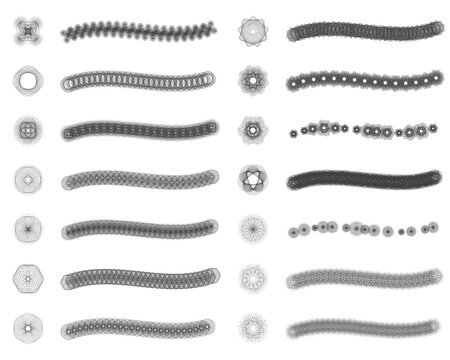 Set of 14 fixed and random scatter brushes + symbols (sprayer) + editable templates vector in radial vortex guilloche rosette pattern. Created using AI CS6.