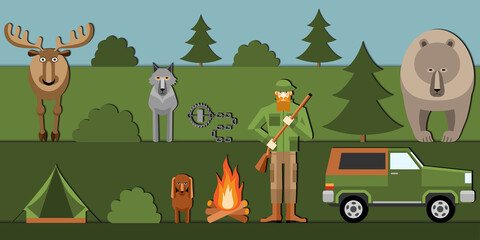 Hunter and animals in the forest