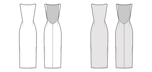 Dress backless technical fashion illustration with fitted body, floor maxi length pencil skirt, boat neckline. Flat evening apparel front, back, white, grey color style. Women, men unisex CAD mockup - obrazy, fototapety, plakaty