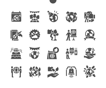 Earth Day 22 April. Conference about the nature. Calendar. Twenty second of april. Holiday. Ecological exhibitions. Peace bell. Vector Solid Icons. Simple Pictogram