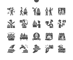 Confectioners Day 3 May. Candy Day. Calendar. Third of may. Cake. Dessert decoration. Pastry, baking, sweet food. Menu for restaurant and cafe. Vector Solid Icons. Simple Pictogram