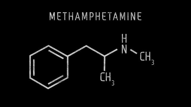 Methamphetamine from N-methylamphetamine Molecular Structure Symbol Sketch or Drawing on black background