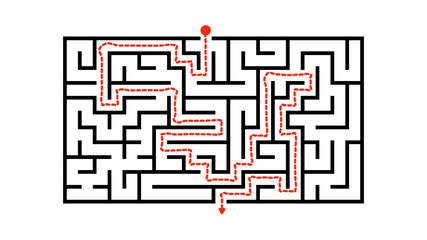 Red Arrow Solving the Square Labyrinth Maze on Solid White Background