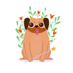  cartoon pug dog in tutu with magic wand character vector illustration.