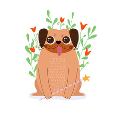 Obraz premium cartoon pug dog in tutu with magic wand character vector illustration.