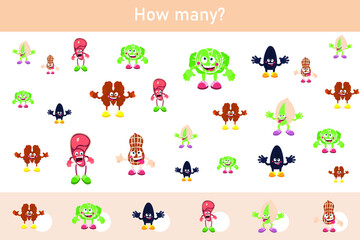Educational game for children. Counting food. Count how many elements and write down the result. Preschool worksheet. Collection of educational games.