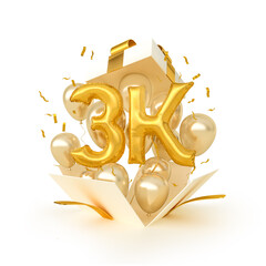 Golden balloons in celebration of 3k followers. Gift box with flying balloons. 3d illustration