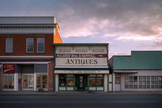 Nanton, Alberta - May 7, 2021: Facade of historical buildings in the historic town of Nanton.