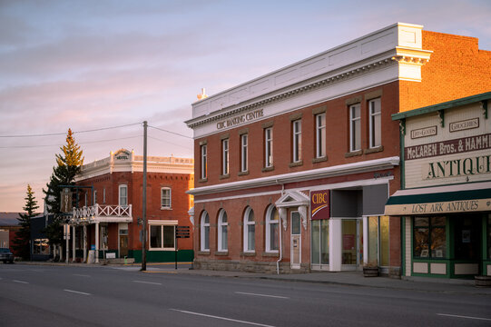 Nanton, Alberta - May 7, 2021: Facade of historical buildings in the historic town of Nanton.
