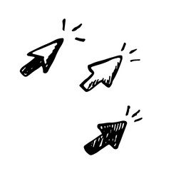 Vector hand drawn set of black cursors or arrows. Clicking button. Sketch.