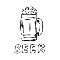 Vector hand drawn beer mug with beer. Beer sketch icon.
