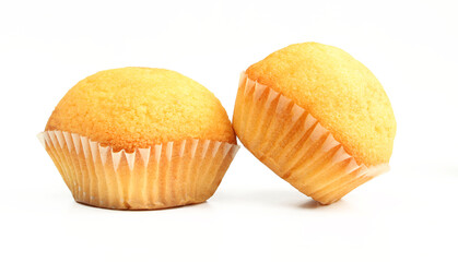 Two yellow muffin sweets isolated on white background