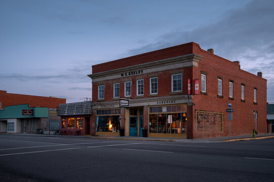 Nanton, Alberta - May 7, 2021: Facade of historical buildings in the historic town of Nanton.