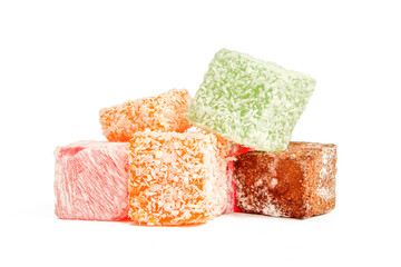 Pile of colorful jelly sweets. Gelatin made candy isolated on white background