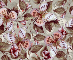 Seamless pattern with butterflies drawn in pencil. Background with flowers and leaves of loaches. Botanical texture for printing on paper and fabric. Trendy print