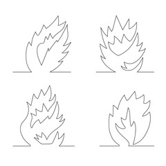 Set of hand-drawn fire one line. Simple sketch collection of the outline of burning balefire. Glowing bonfires. Minimalistic art drawing. Isolated. Vector illustration.