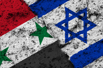 Concept of a Conflict between Israel and Syria with painted flags on a wall with a crack
