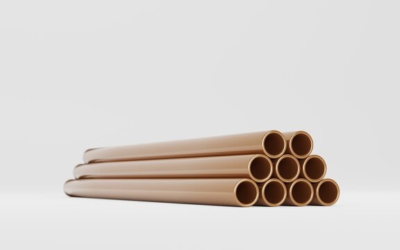 Copper Pipes Stack On Isolated White Background, Hollow Cylinder Steel Metal Or Pvc Plumbing, Glossy Bronze Tube Set. Industrial Pieces, Iron For Conducting Factory Or Construction Works