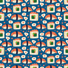 Sushi seamless pattern. Japanese food. Vector illustration. Funny colored typography poster, apparel print design. Scandinavian nordic design for bar or interior or cover or textile or background.