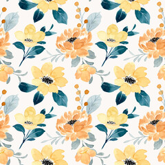 Beautiful yellow floral watercolor seamless pattern